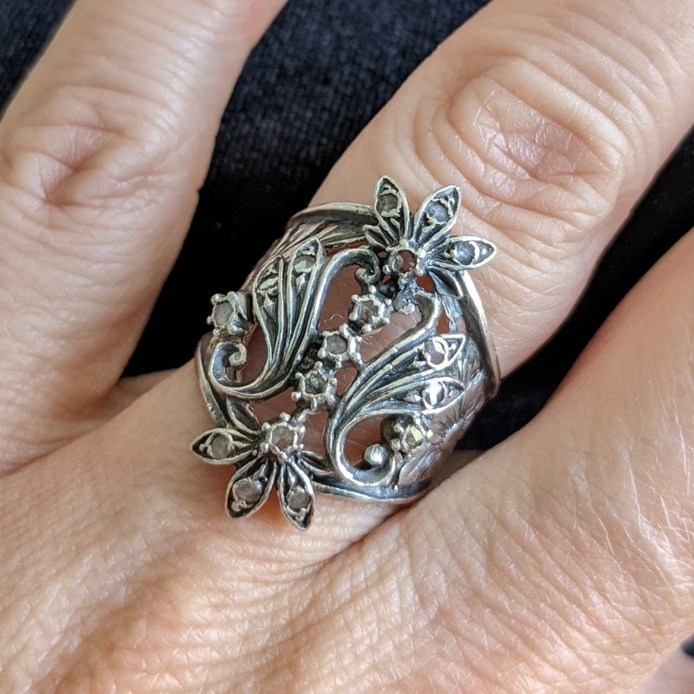 Vintage Ornate Statement Filigree Sterling Silver Floral Gem Ring Size 6